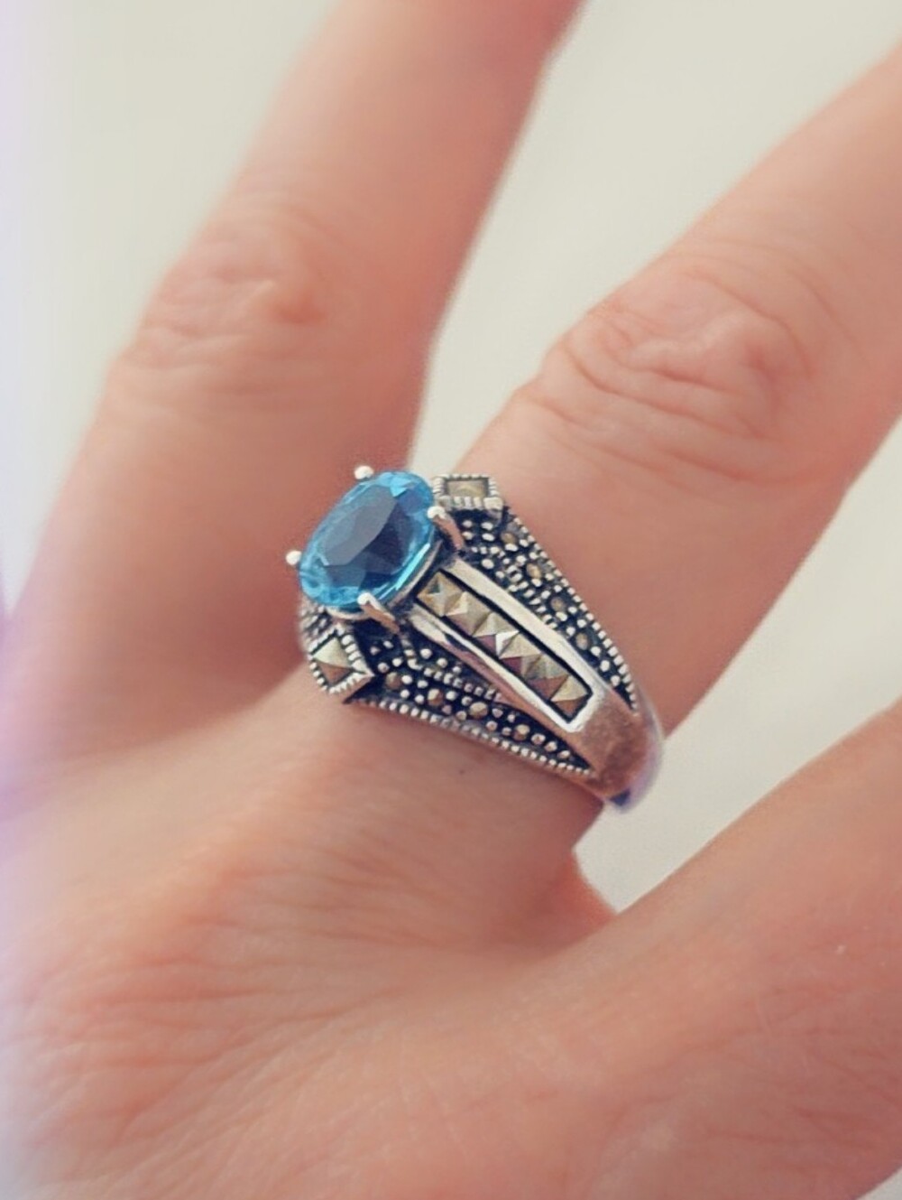 Estate Marcasite & Aquamarine Gemstone Ring Sterling Silver 925